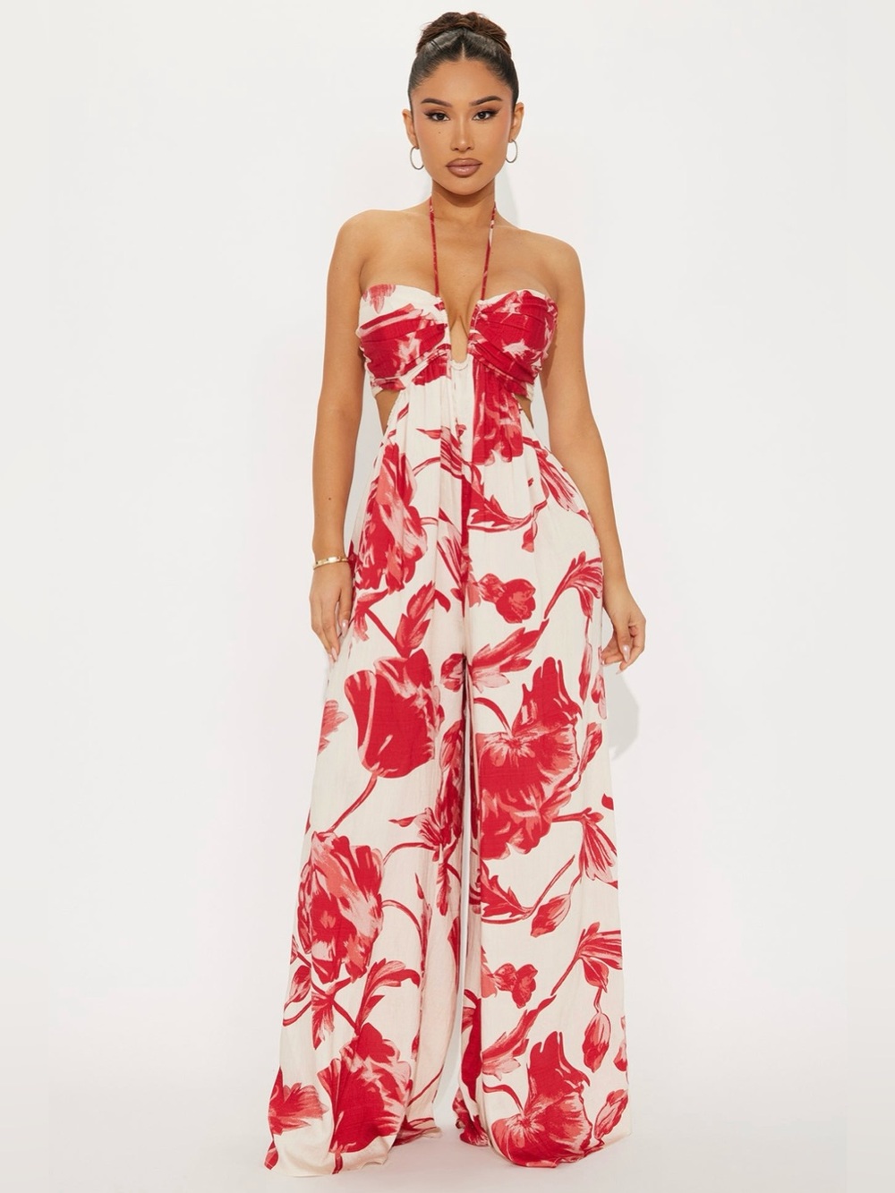 Fashion Nova Red Floral Strapless Wide-Leg Jumpsuit
